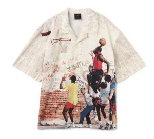 Air Jordan Camp Graphic Button-Down Shirt 'Sail' displayed flat with graphic details on chest and back